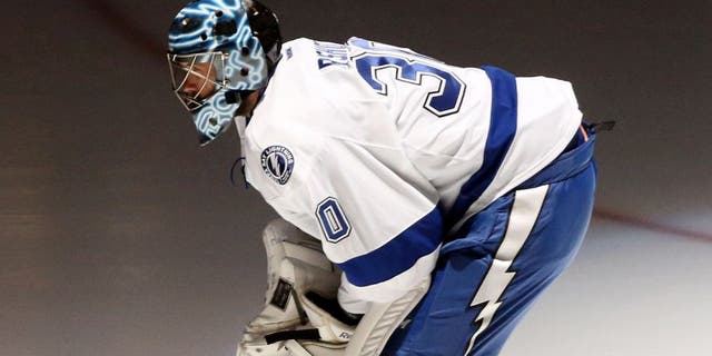 May 13, 2016; Pittsburgh, PA, USA; Tampa Bay Lightning goalie Ben Bishop (30) takes to the ice against the Pittsburgh Penguins during the first period in game one of the Eastern Conference Final of the 2016 Stanley Cup Playoffs at the CONSOL Energy Center. Mandatory Credit: Charles LeClaire-USA TODAY Sports