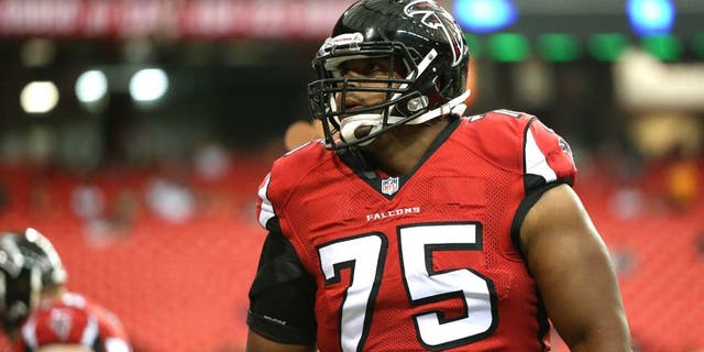 Aug 8, 2014; Atlanta, GA, USA; Atlanta Falcons guard Jon Asamoah (75) is shown before their game against the Miami Dolphins at the Georgia Dome. The Falcons won 16-10. Mandatory Credit: Jason Getz-USA TODAY Sports