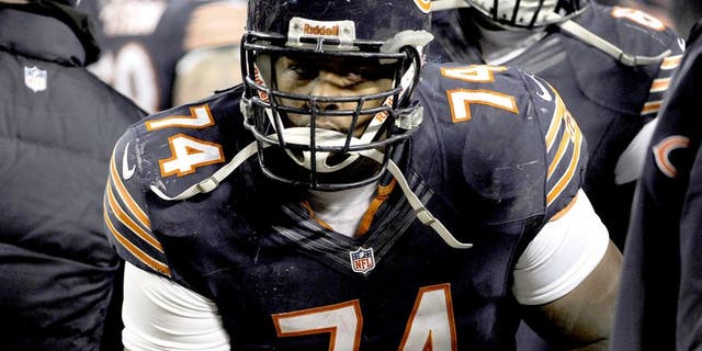 CHICAGO, IL - DECEMBER 9: Jermon Bushrod #74 of the Chicago Bears plays against the Dallas Cowboys on December 9, 2013 at Soldier Field in Chicago, Illinois. (Photo by David Banks/Getty Images)