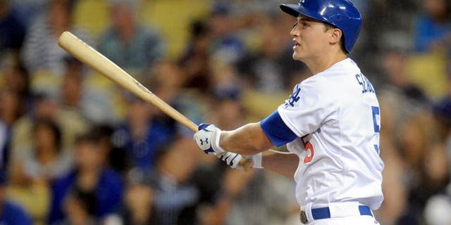October 2, 2015; Los Angeles, CA, USA; Los Angeles Dodgers shortstop Corey Seager (5) at bat in the fifth inning against the San Diego Padres at Dodger Stadium. Mandatory Credit: Gary A. Vasquez-USA TODAY Sports