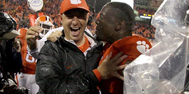 CLEMSON, SC - OCTOBER 3: Head Coach Dabo Swinney of the Cemson Tigers celebrates after defeating the Notre Dame Fighting Irish 24-22 at Clemson Memorial Stadium on October 3, 2015 in Clemson, South Carolina. (Photo by Tyler Smith/Getty Images)