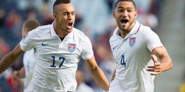 Action photo during the match Cuba vs United States, Corresponding to Group A of 2015 CONCACAF Mens Olympic Qualifying Championship at Sporting Park Stadium, in the photo: Cameron Carter-Vickers celebrates his goal with Jordan Morris and Jerome Kiesewetter of United States Foto de accion durante el partido Cuba vs Estados Unidos, Correspondiente al Grupo B del Campeonato Preolimpico-Hombres de la CONCACAF 2015 en el Estadio Sporting Park, en la foto: Cameron Carter-Vickers celebra su gol con Jordan Morris y Jerome Kiesewetter de Estados Unidos 03/10/2015/MEXSPORT/Jorge Martinez.
