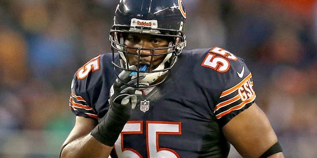 CHICAGO, IL - AUGUST 15: Lance Briggs #55 of the Chicago Bears waits for the snap against the San Diego Chargers at Soldier Field on August 15, 2013 in Chicago, Illinois. The Bears defeated the Chargers 33-28. (Photo by Jonathan Daniel/Getty Images) *** Local Caption *** Lance Briggs