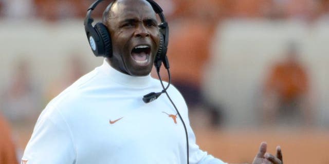 Sep 19, 2015; Austin, TX, USA; Texas Longhorns head coach Charlie Strong reacts against the California Golden Bears during the first quarter at Darrell K Royal-Texas Memorial Stadium. Cal beat Texas 45-44. Mandatory Credit: Brendan Maloney-USA TODAY Sports