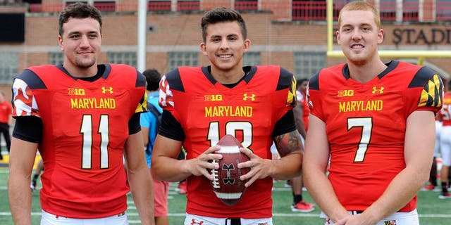 COLLEGE PARK, MD - AUGUST 10: Maryland Terrapins quarterbacks from left, Perry Hills (11), Daxx Garman (18) and Caleb Rowe (7) will compete for the starting position where they are photographed during media day August 10, 2015 in College Park, MD. (Photo by Katherine Frey/The Washington Post via Getty Images)