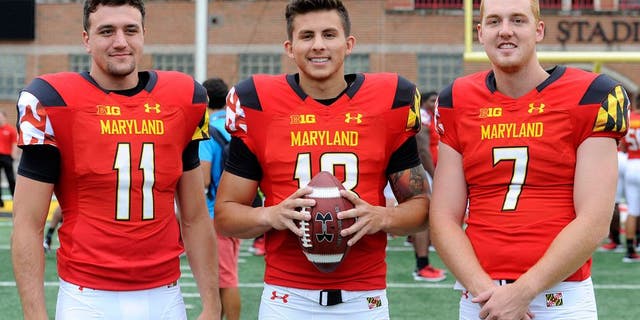 COLLEGE PARK, MD - AUGUST 10: Maryland Terrapins quarterbacks from left, Perry Hills (11), Daxx Garman (18) and Caleb Rowe (7) will compete for the starting position where they are photographed during media day August 10, 2015 in College Park, MD. (Photo by Katherine Frey/The Washington Post via Getty Images)