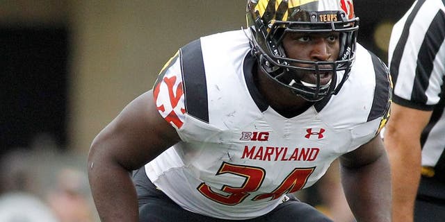 MORGANTOWN, WV - SEPTEMBER 26: Jefferson Ashiru #34 of the Maryland Terrapins in action during the game against the West Virginia Mountaineers on September 26, 2015 at Mountaineer Field in Morgantown, West Virginia. (Photo by Justin K. Aller/Getty Images)