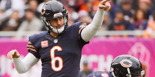 Oct 4, 2015; Chicago, IL, USA; Chicago Bears quarterback Jay Cutler (6) gestures before a snap against the Oakland Raiders during the first quarter at Soldier Field. Mandatory Credit: Matt Marton-USA TODAY Sports