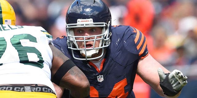Sep 13, 2015; Chicago, IL, USA; Chicago Bears center Will Montgomery (64) during the second half at Soldier Field. Green Bay Packers defeats the Chicago Bears 31-23. Mandatory Credit: Mike DiNovo-USA TODAY Sports