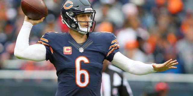 Oct 4, 2015; Chicago, IL, USA; Chicago Bears quarterback Jay Cutler (6) throws a pass against the Oakland Raiders during the second quarter at Soldier Field. Mandatory Credit: Jerry Lai-USA TODAY Sports