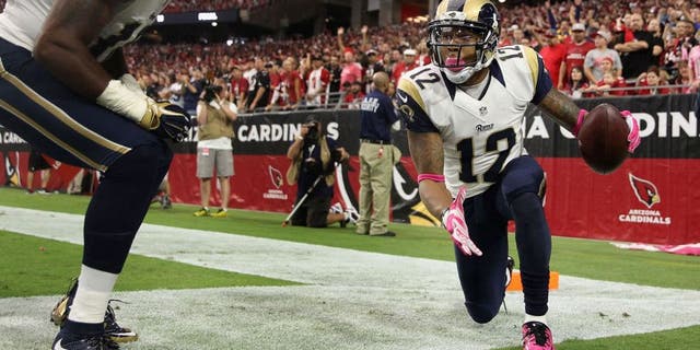 GLENDALE, AZ - OCTOBER 04: Wide receiver Stedman Bailey #12 of the St. Louis Rams (right) celebrates his third quarter touchdown with wide receiver Kenny Britt #18 (left) during the NFL game against the Arizona Cardinals at the University of Phoenix Stadium on October 4, 2015 in Glendale, Arizona. (Photo by Christian Petersen/Getty Images)