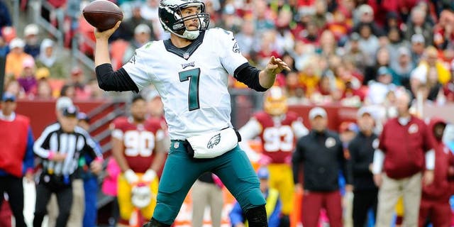Oct 4, 2015; Landover, MD, USA; Philadelphia Eagles quarterback Sam Bradford (7) attempts a pass against the Washington Redskins during the second half at FedEx Field. Washington Redskins won 23 - 20. Mandatory Credit: Brad Mills-USA TODAY Sports