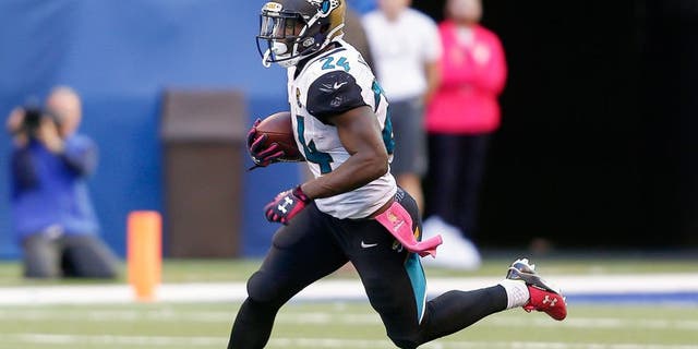 INDIANAPOLIS, IN - OCTOBER 4: T.J. Yeldon #24 of the Jacksonville Jaguars runs the ball against the Indianapolis Colts at Lucas Oil Stadium on October 4, 2015 in Indianapolis, Indiana. Indianapolis defeated Jacksonville 16-13. (Photo by Michael Hickey/Getty Images)