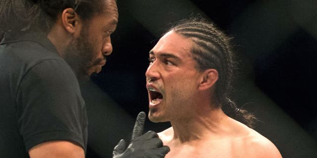 HOUSTON, TX - OCTOBER 3: Francisco Trevino has words with ref Herb Dean after losing to Sage Northcutt during UFC 192 at the Toyota Center on October 3, 2015 in Houston, Texas. (Photo by Cooper Neill/Zuffa LLC/Zuffa LLC via Getty Images)