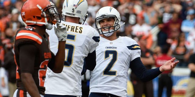 San Diego Chargers kicker Josh Lambo (2) celebrates his NFL football game-winning field goal against the Cleveland Browns during the second half Sunday, Oct. 4, 2015, in San Diego. (AP Photo/Denis Poroy)