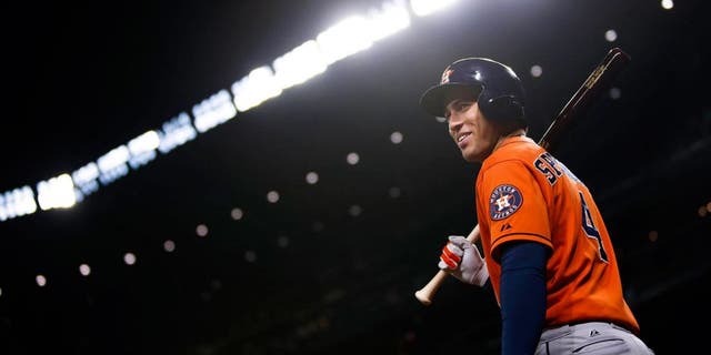 Sep 28, 2015; Seattle, WA, USA; Houston Astros right fielder George Springer (4) stands in the on-deck circle during the fifth inning against the Seattle Mariners at Safeco Field. Mandatory Credit: Joe Nicholson-USA TODAY Sports