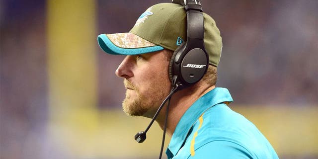 Nov 9, 2014; Detroit, MI, USA; Miami Dolphins tight ends coach Dan Campbell against the Detroit Lions at Ford Field. Mandatory Credit: Andrew Weber-USA TODAY Sports