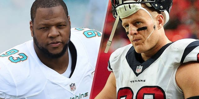 Ndamukong Suh #93 of the Miami Dolphins enters the field before a NFL game against the Buffalo Bills at Sun Life Stadium on September 27, 2015 in Miami Gardens, Florida. (Photo by Ron Elkman/Sports Imagery/Getty Images) J.J. Watt #99 of the Houston Texans stands on the sidelines in the second half against the Atlanta Falcons at the Georgia Dome on October 4, 2015 in Atlanta, Georgia. (Photo by Scott Cunningham/Getty Images)