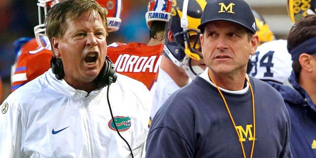 Sep 12, 2015; Gainesville, FL, USA; Florida Gators head coach Jim McElwain reacts against the East Carolina Pirates during the first quarter at Ben Hill Griffin Stadium . Mandatory Credit: Kim Klement-USA TODAY Sports, Oct 3, 2015; College Park, MD, USA; Michigan Wolverines head coach Jim Harbaugh during pregame warm up for the game against the Maryland Terrapins at Byrd Stadium. Mandatory Credit: Mitch Stringer-USA TODAY Sports
