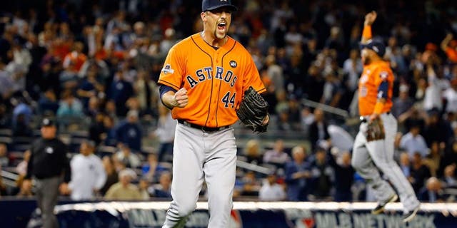 NEW YORK, NY - OCTOBER 06: Luke Gregerson #44 of the Houston Astros celebrates defeating the New York Yankees in the American League Wild Card Game at Yankee Stadium on October 6, 2015 in New York City. The Astros defeated the Yankees with a score of 3 to 0. (Photo by Al Bello/Getty Images)