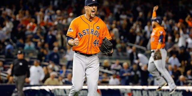 NEW YORK, NY - OCTOBER 06: Luke Gregerson #44 of the Houston Astros celebrates defeating the New York Yankees in the American League Wild Card Game at Yankee Stadium on October 6, 2015 in New York City. The Astros defeated the Yankees with a score of 3 to 0. (Photo by Al Bello/Getty Images)