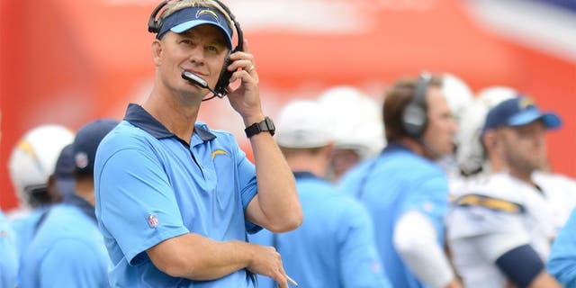 Oct 4, 2015; San Diego, CA, USA; San Diego Chargers head coach Mike McCoy looks on during the second quarter against the Cleveland Browns at Qualcomm Stadium. Mandatory Credit: Jake Roth-USA TODAY Sports