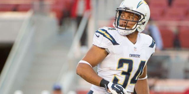 September 3, 2015; Santa Clara, CA, USA; San Diego Chargers running back Donald Brown (34) warms up before a preseason game against the San Francisco 49ers at Levi's Stadium. The 49ers defeated the Chargers 14-12. Mandatory Credit: Kyle Terada-USA TODAY Sports