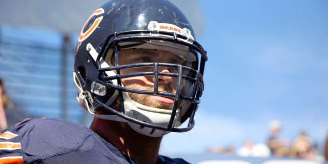 Sep 20, 2015; Chicago, IL, USA; Chicago Bears offensive tackle Kyle Long (75) before the game against the Arizona Cardinals at Soldier Field. Mandatory Credit: Dennis Wierzbicki-USA TODAY Sports