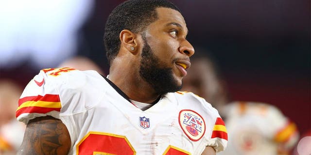 Dec 7, 2014; Glendale, AZ, USA; Kansas City Chiefs running back Knile Davis (34) against the Arizona Cardinals at University of Phoenix Stadium. The Cardinals defeated the Chiefs 17-14. Mandatory Credit: Mark J. Rebilas-USA TODAY Sports