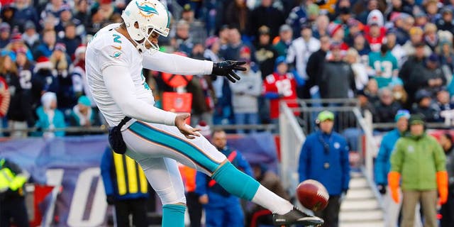 Dec 14, 2014; Foxborough, MA, USA; Miami Dolphins punter Brandon Fields (2) during the second half of the New England Patriots 41-13 win over the Miami Dolphins at Gillette Stadium. Mandatory Credit: Winslow Townson-USA TODAY Sports