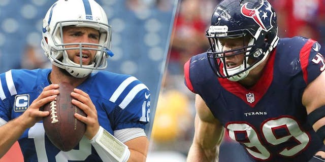 Sep 27, 2015; Nashville, TN, USA; Indianapolis Colts quarterback Andrew Luck (12) during warm ups prior to the game against the Tennessee Titans at Nissan Stadium. Mandatory Credit: Jim Brown-USA TODAY Sports Sep 27, 2015; Houston, TX, USA; Houston Texans defensive end J.J. Watt (99) against the Tampa Bay Buccaneers at NRG Stadium. Mandatory Credit: Kevin Jairaj-USA TODAY Sports