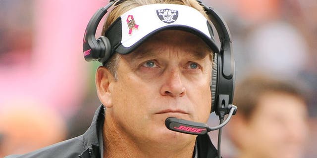 Oct 4, 2015; Chicago, IL, USA; Oakland Raiders head coach Jack Del Rio during the first quarter against the Chicago Bears at Soldier Field. Mandatory Credit: Matt Marton-USA TODAY Sports