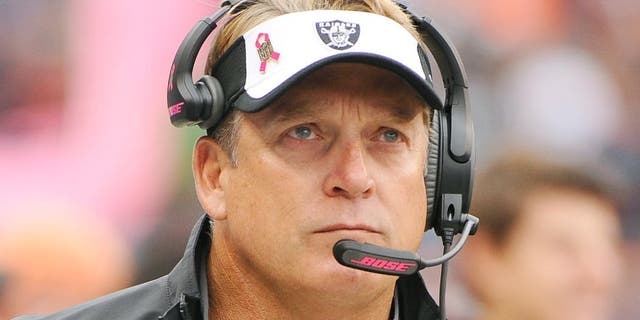 Oct 4, 2015; Chicago, IL, USA; Oakland Raiders head coach Jack Del Rio during the first quarter against the Chicago Bears at Soldier Field. Mandatory Credit: Matt Marton-USA TODAY Sports