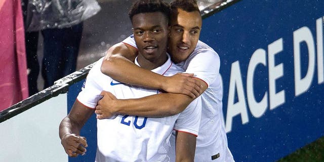 Action photo during the Match Estados Unidos vs Panama, at Dicks Sporting Goods Park Stadium, CONCACAF Mens Olympic Qualifying 2015. Foto de accion durante el Partido Estados Unidos vs Panama en el Estadio Dicks Sporting Goods Park, Partido Correspondiente al Grupo -A- del Campeonato Preolimpico Masculino CONCACAF 2015, en la Foto: Festejo de gol de Omogbolahan Ariyibi, Jerome Kiesewetter 06/10/2015/ MEXSPORT/ Osvaldo Aguilar.