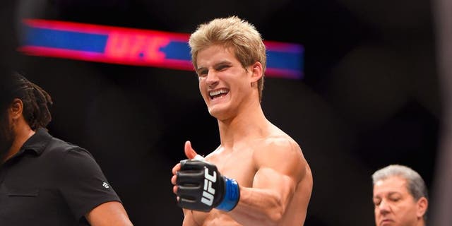 HOUSTON, TX - OCTOBER 03: Sage Northcutt celebrates after defeating Francisco Trevino in their lightweight bout during the UFC 192 event at the Toyota Center on October 3, 2015 in Houston, Texas. (Photo by Jeff Bottari/Zuffa LLC/Zuffa LLC via Getty Images)