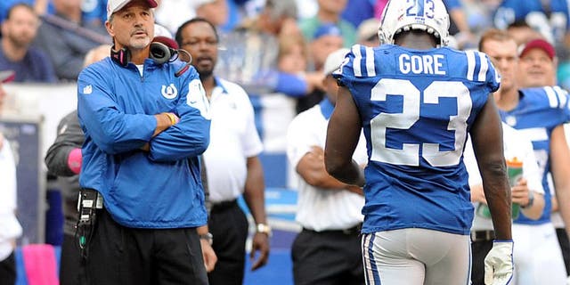 Oct 4, 2015; Indianapolis, IN, USA; Indianapolis head coach Chuck Pagano looks on as Colts running back Frank Gore (23) fumbled close to the goal line in the closing minutes of their game against the Jacksonville Jaguars at Lucas Oil Stadium. Mandatory Credit: Thomas J. Russo-USA TODAY Sports
