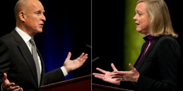FILE: Democratic gubernatorial candidate Jerry Brown debates Republican Meg Whitman at the University of California at Davis on Sept. 28, 2010.