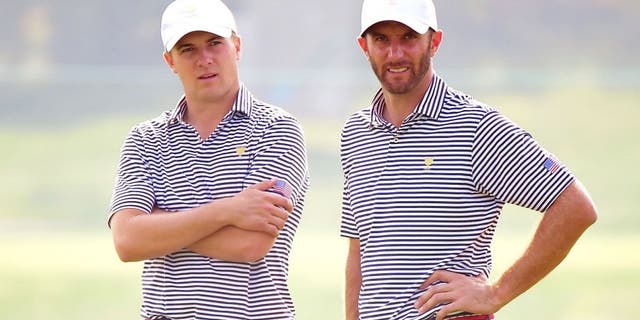 INCHEON CITY , SOUTH KOREA - OCTOBER 07: Dustin Johnson and Jordan Spieth of the United States team look over a green during a practice round prior to the start of The Presidents Cup at the Jack Nicklaus Golf Club on October 7, 2015 in Incheon City, South Korea. (Photo by Harry How/Getty Images)