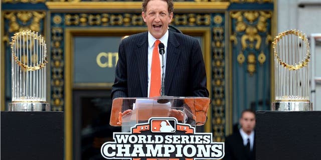 SAN FRANCISCO, CA - OCTOBER 31: San Francisco Giants President and CEO Larry Baer speaks to the San Francisco Giants fans during the Giants' victory parade and celebration on October 31, 2012 in San Francisco, California. The Giants celebrated their 2012 World Series victory over the Detroit Tigers. (Photo by Thearon W. Henderson/Getty Images)