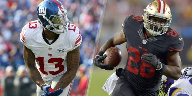 Oct 4, 2015; Orchard Park, NY, USA; New York Giants wide receiver Odell Beckham (13) during the second half against the Buffalo Bills at Ralph Wilson Stadium. Giants beat the Bills 24 to 10. Mandatory Credit: Timothy T. Ludwig-USA TODAY Sports Sep 14, 2015; Santa Clara, CA, USA; San Francisco 49ers running back Carlos Hyde (28) carries the ball against the Minnesota Vikings at Levi's Stadium. Mandatory Credit: Kirby Lee-USA TODAY Sports