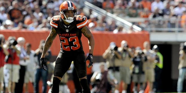 CLEVELAND, OH - SEPTEMBER 27, 2015: Cornerback Joe Haden #23 of the Cleveland Browns stands and looks toward the offense during a game against the Oakland Raiders on September 27, 2015 at FirstEnergy Stadium in Cleveland, Ohio. Oakland won 27-20. (Photo by Nick Cammett/Diamond Images/Getty Images)