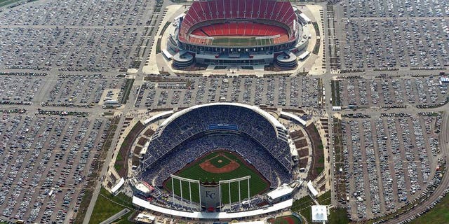 April 08, 2013; Kansas City, MO, USA; A general aerial view during the opening day game between the Minnesota Twins and the Kansas City Royals at Kauffman Stadium. Also pictured is Arrowhead Stadium. Mandatory Credit: Denny Medley-USA TODAY Sports