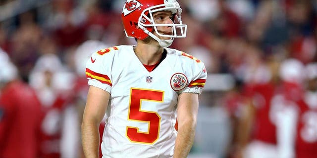 Aug 15, 2015; Glendale, AZ, USA; Kansas City Chiefs kicker Cairo Santos (5) against the Arizona Cardinals during a preseason NFL football game at University of Phoenix Stadium. Mandatory Credit: Mark J. Rebilas-USA TODAY Sports