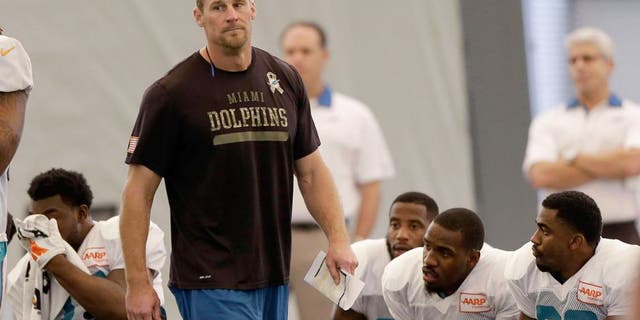 Miami Dolphins interim coach Dan Campbell walks on the field during NFL football practice in Davie, Fla., Wednesday, Oct. 7, 2015. (AP Photo/Alan Diaz)