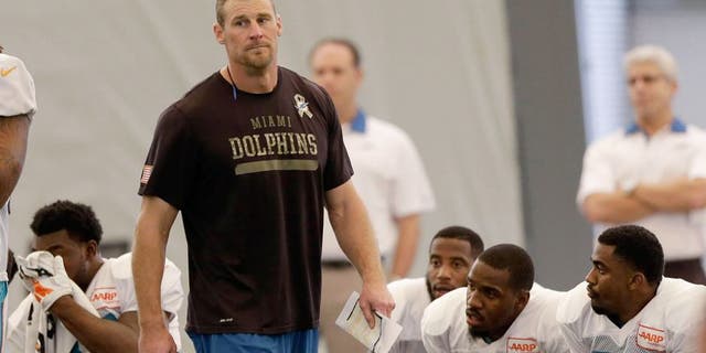 Miami Dolphins interim coach Dan Campbell walks on the field during NFL football practice in Davie, Fla., Wednesday, Oct. 7, 2015. (AP Photo/Alan Diaz)