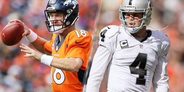 Oct 4, 2015; Denver, CO, USA; Denver Broncos quarterback Peyton Manning (18) looks to pass the ball during the first half against the Minnesota Vikings at Sports Authority Field at Mile High. Mandatory Credit: Chris Humphreys-USA TODAY Sports Sep 27, 2015; Cleveland, OH, USA; Oakland Raiders quarterback Derek Carr (4) during the third quarter against the Cleveland Browns at FirstEnergy Stadium. Mandatory Credit: Scott R. Galvin-USA TODAY Sports