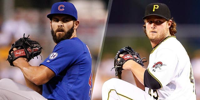 Jake Arrieta #49 of the Chicago Cubs in action during the game against the Pittsburgh Pirates at PNC Park on September 16, 2015 in Pittsburgh, Pennsylvania. (Photo by Justin K. Aller/Getty Images) Gerrit Cole #45 of the Pittsburgh Pirates pitches against the Los Angeles Dodgers at PNC Park on August 7, 2015 in Pittsburgh, Pennsylvania. (Photo by Jared Wickerham/Getty Images)