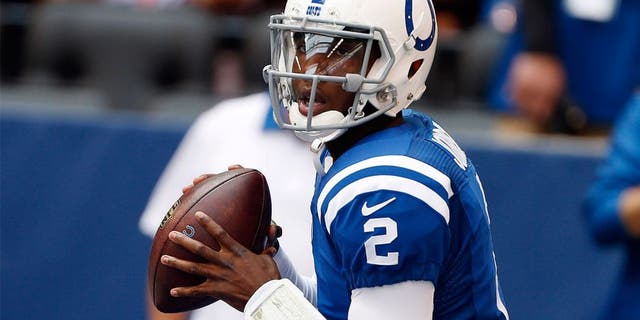Oct 4, 2015; Indianapolis, IN, USA; Indianapolis Colts quarterback Josh Johnson (2) warms up before the game against the Jacksonville Jaguars at Lucas Oil Stadium. Mandatory Credit: Brian Spurlock-USA TODAY Sports