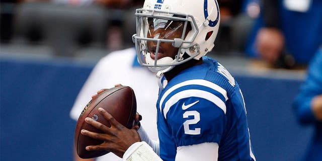 Oct 4, 2015; Indianapolis, IN, USA; Indianapolis Colts quarterback Josh Johnson (2) warms up before the game against the Jacksonville Jaguars at Lucas Oil Stadium. Mandatory Credit: Brian Spurlock-USA TODAY Sports