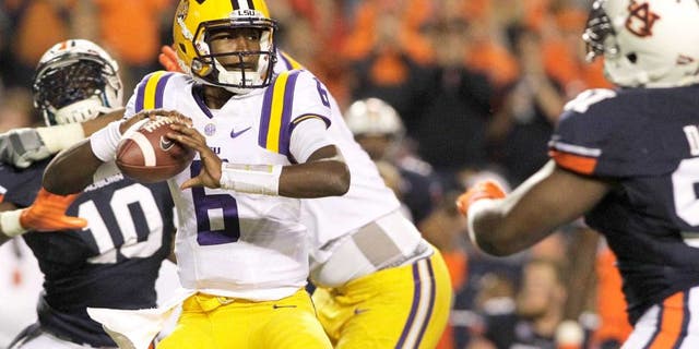 Oct 4, 2014; Auburn, AL, USA; LSU Tigers quarterback Brandon Harris (6) looks for a receiver during the first half against the Auburn Tigers at Jordan Hare Stadium. Mandatory Credit: John Reed-USA TODAY Sports